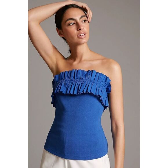 Anthropologie Maeve Poplin Ruffle Top strapless size M Blue - Picture 1 of 10